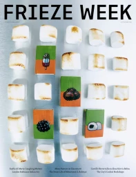 Frieze Week magazine cover featuring an overhead arrangement of toasted marshmallows and painted matchboxes on a metallic background.