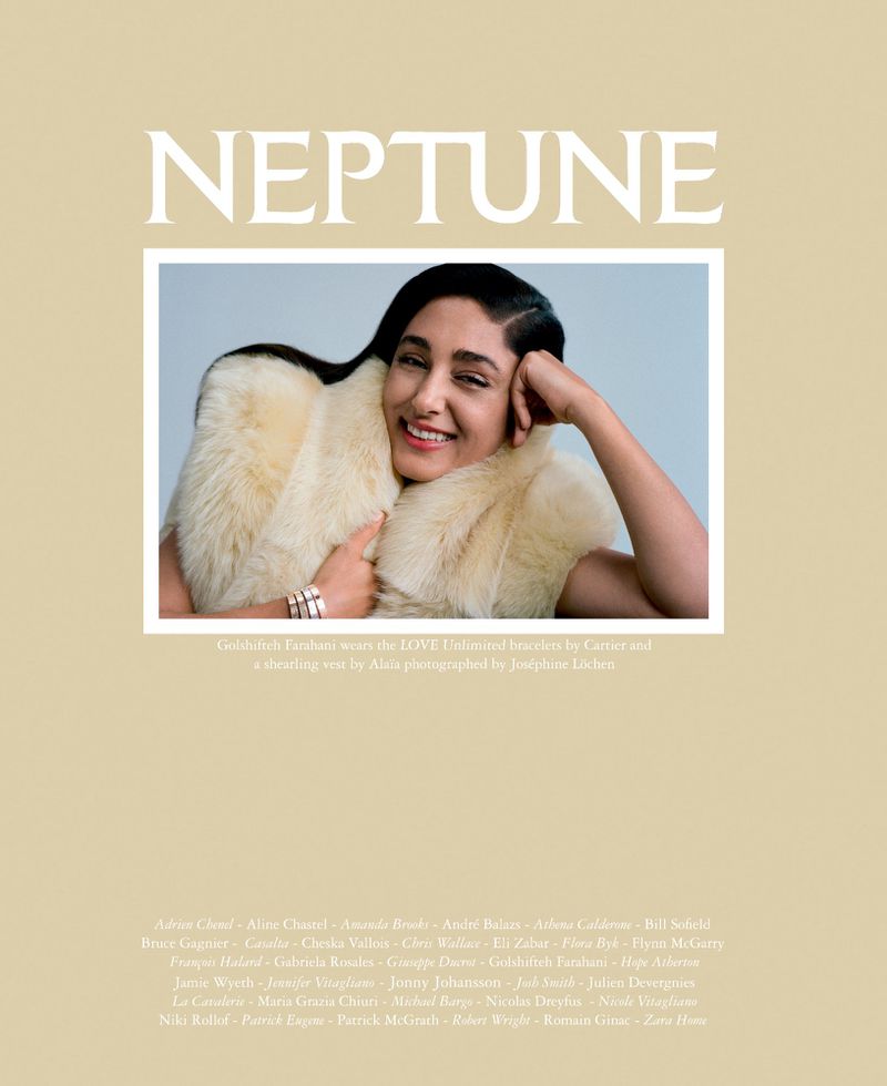 Close-up fashion shot of smiling model in luxurious white fur stole, complemented by silver bracelets. Neutral background, 'Neptune' text overlay.