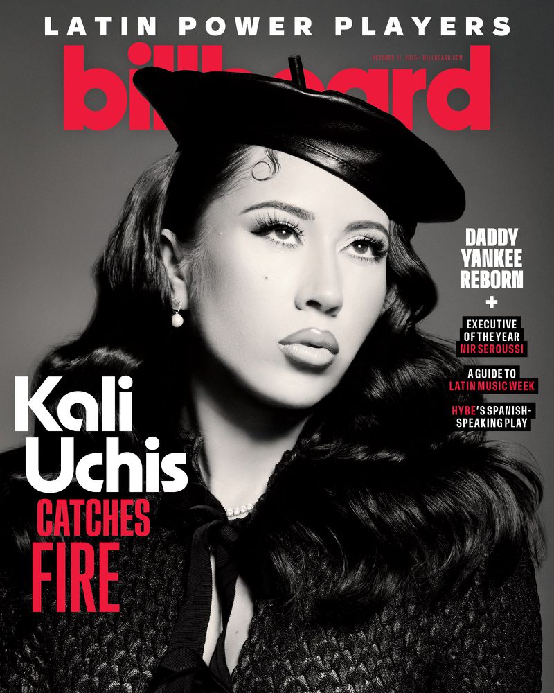 Billboard magazine cover featuring Kali Uchis in a close-up shot, wearing a beret with visible text: Kali Uchis Catches Fire.