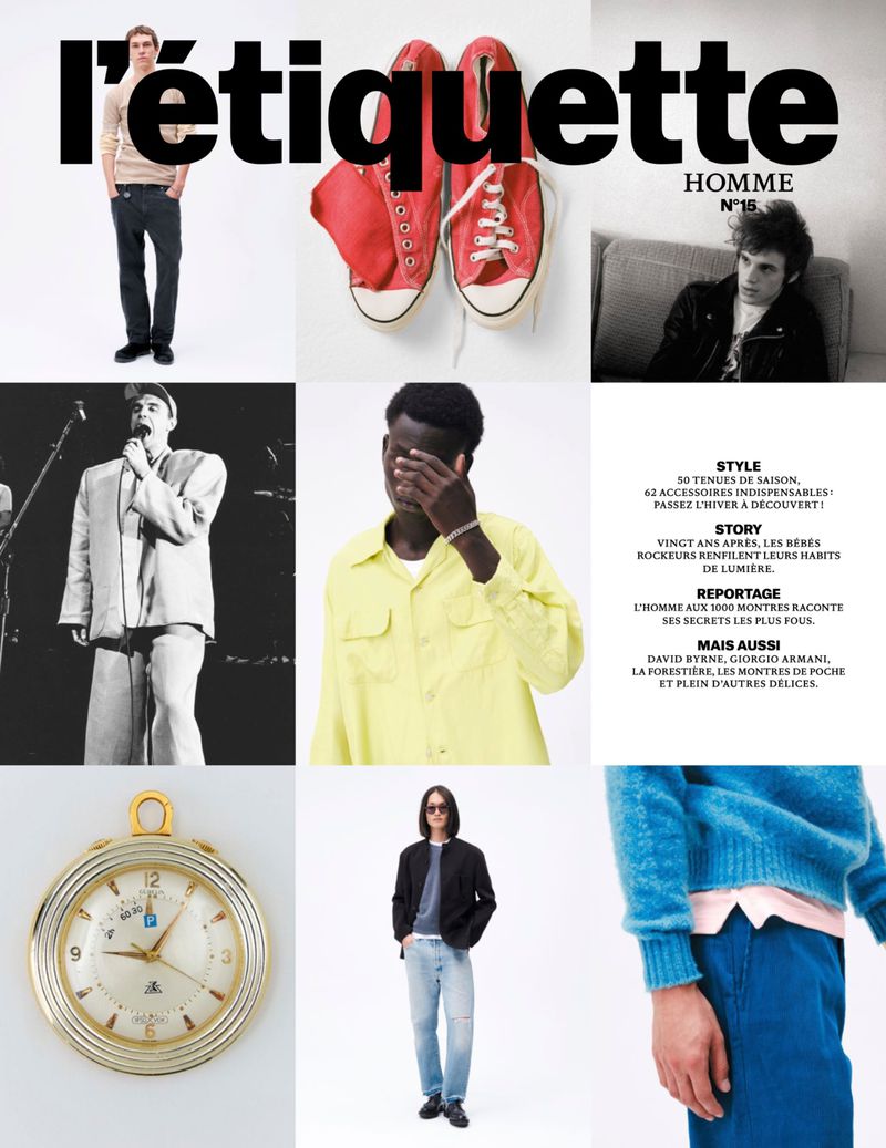 Magazine cover featuring fashion, watches, shoes, and portraits in a grid layout with bold text, ‘l'étiquette HOMME N°15’.
