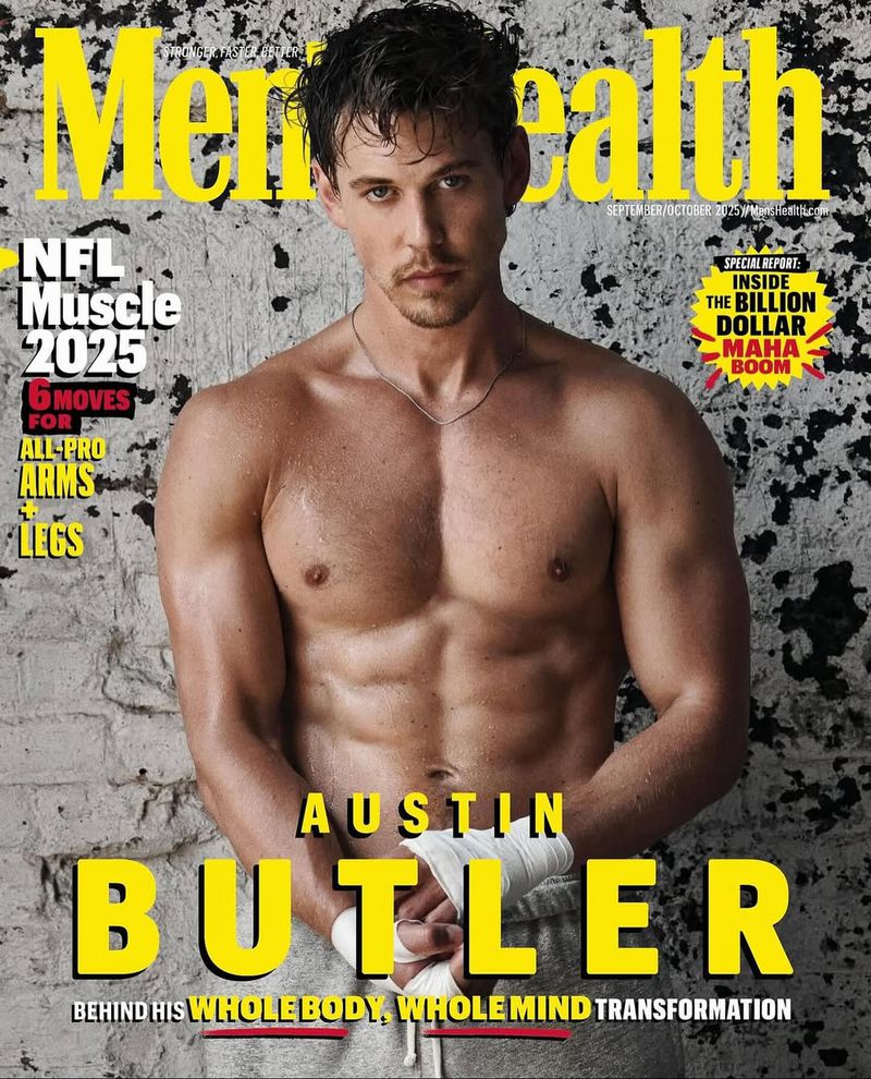 Men's Health magazine cover featuring a shirtless Austin Butler against a textured gray backdrop. He is wearing gray sweatpants.