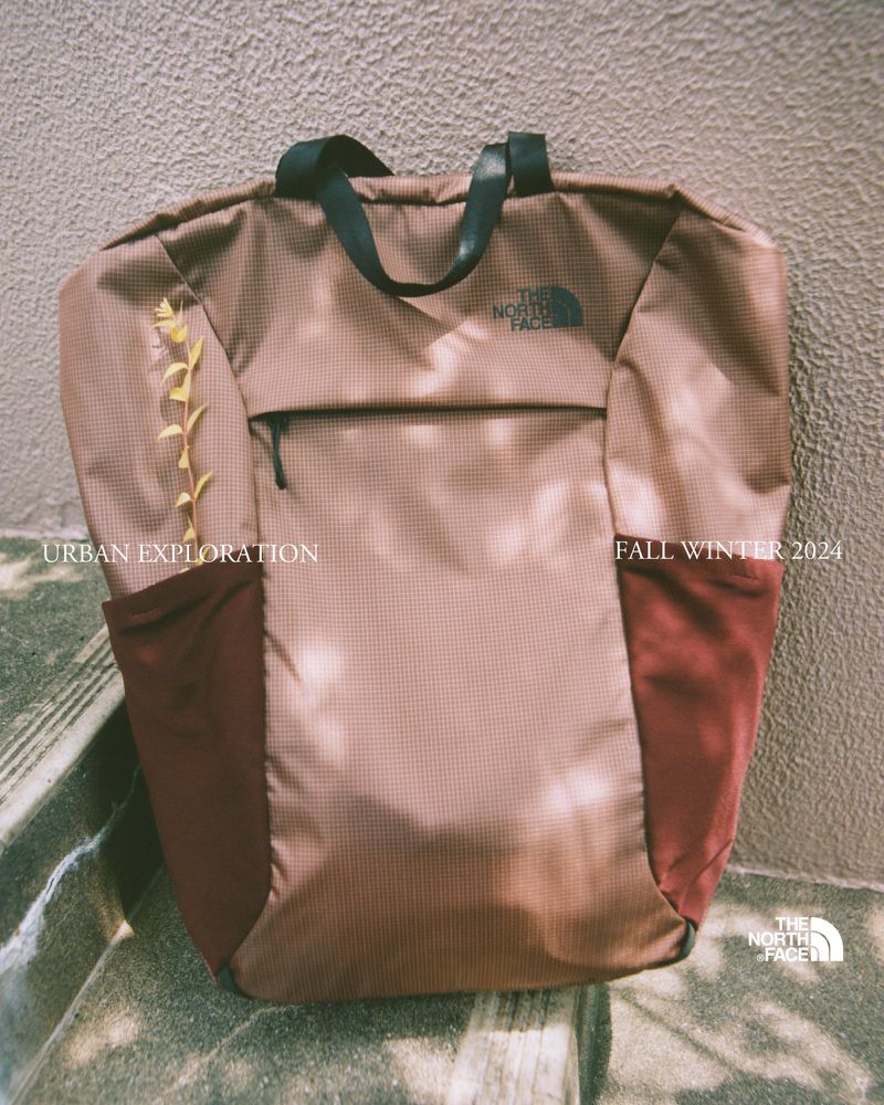 Brown and burgundy The North Face tote bag with black straps on weathered stone steps in dappled sunlight. Fashion photography.