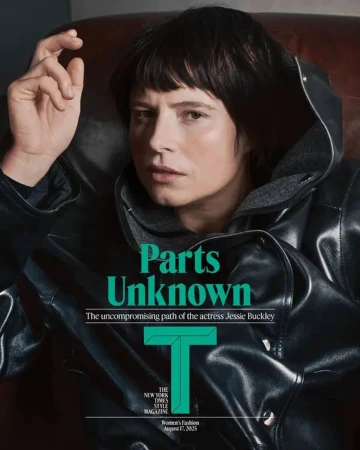 Portrait of actress Jessie Buckley wearing a black leather jacket against a dark leather armchair