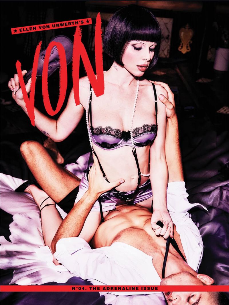 Magazine cover featuring a woman in lingerie sitting on a man in bed, with the 'VON' logo and 'The Adrenaline Issue' text.