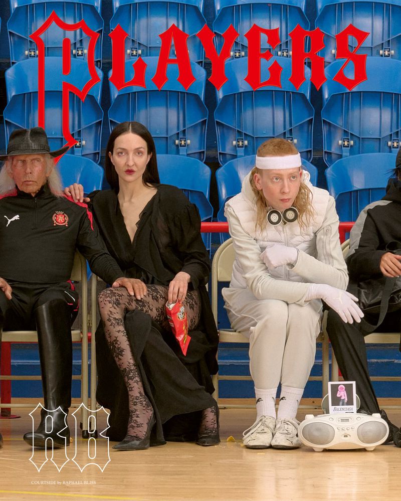 Editorial image of four seated people in sportswear and high fashion, including a boombox, set against blue stadium seating with 'PLAYERS' text.