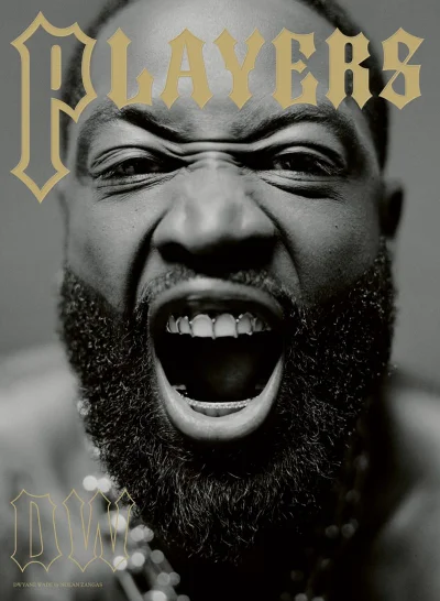 Close-up black and white portrait of a man shouting with grills on his teeth for Players magazine cover.