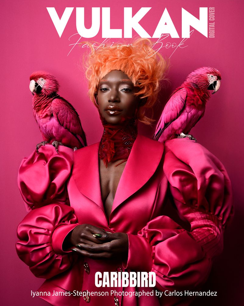 Fashion editorial cover featuring a woman with orange hair and pink birds on her shoulders against a bright pink background.