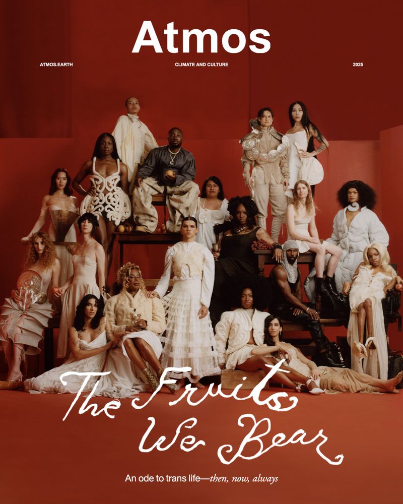 Atmos climate and culture magazine cover featuring a group of diverse people in neutral tones on a solid red background.