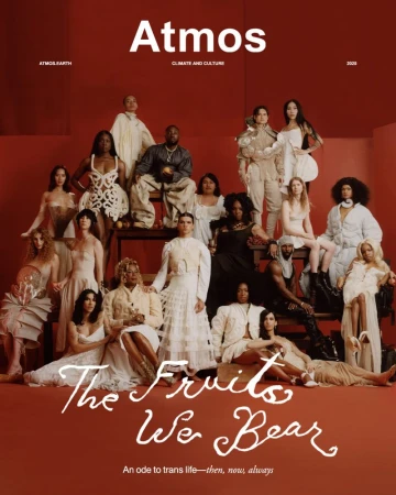 Group portrait of diverse models in sculptural white and neutral fashion against a warm terracotta red background