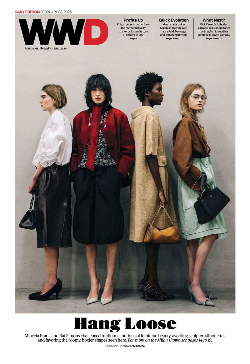 WWD fashion magazine cover featuring four fashion models wearing outfits from the runway collection, in a studio environment.