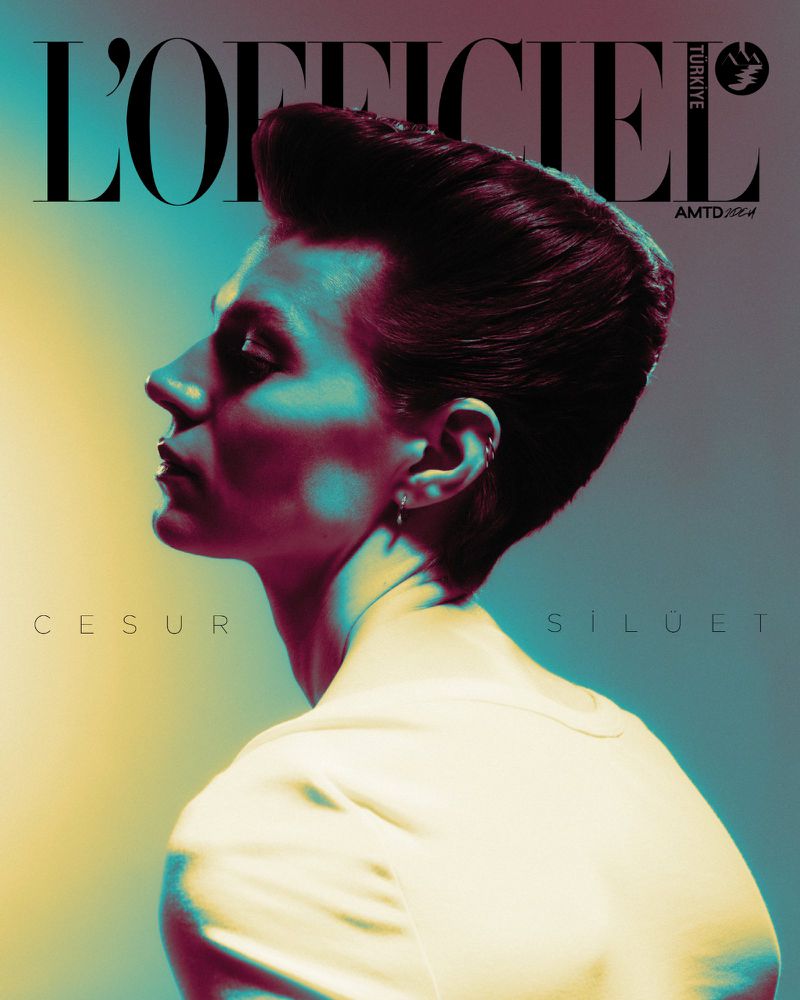Profile of a person on the cover of L'Officiel Turkiye magazine, with a gradient teal-to-yellow background and a modern, stylized aesthetic.