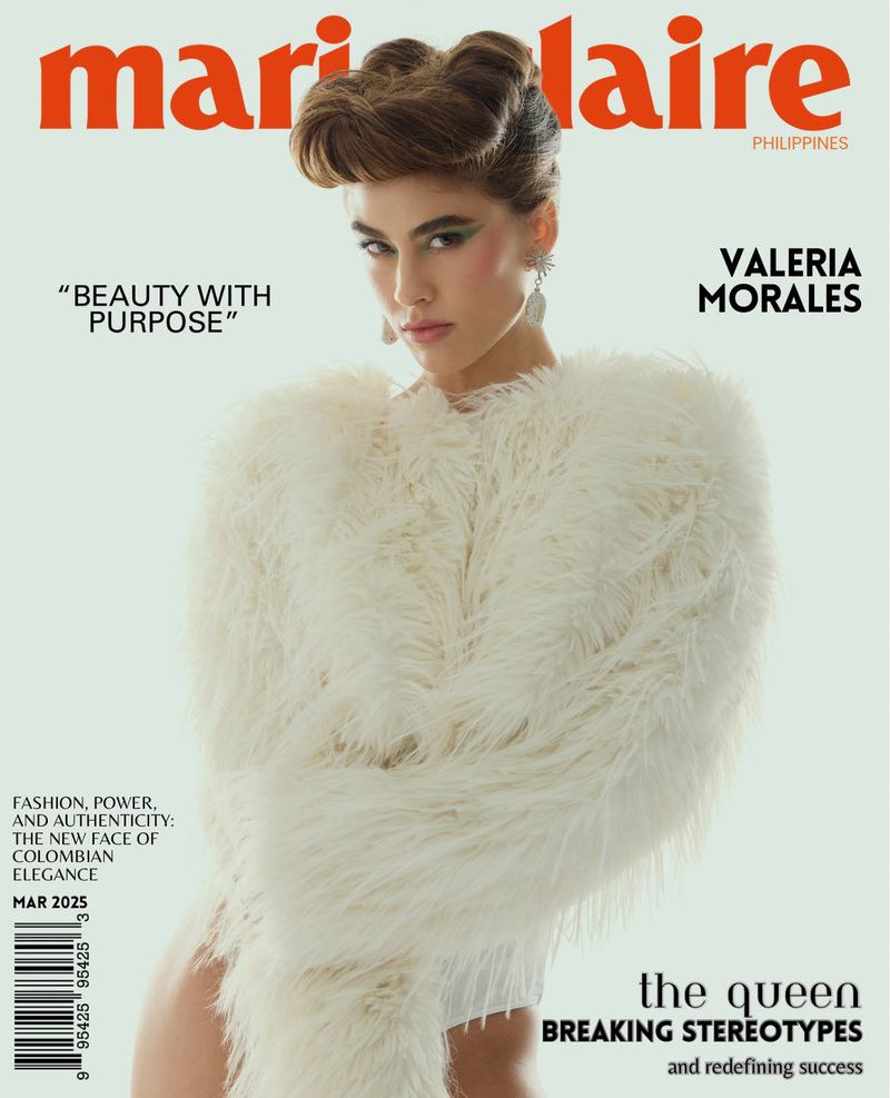 Magazine cover featuring a woman in a fluffy white coat, adorned with stylish hair and makeup, against a soft, light background. 'Marie Claire' branding.