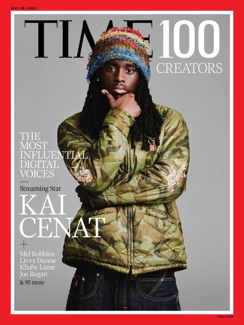 Time magazine cover featuring Kai Cenat, streamer, wearing a colorful knit hat and camouflage jacket, standing against a light gray background.