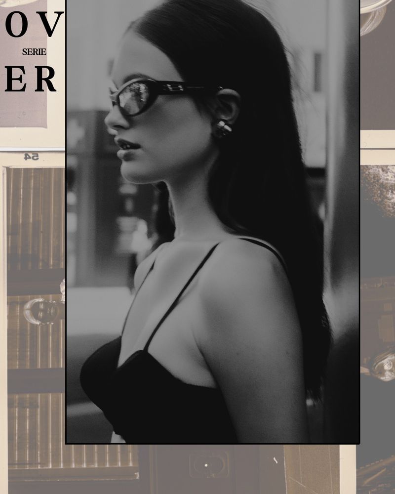 Monochrome portrait of a woman in a black dress and sunglasses looking off-camera with a collage of vintage images.