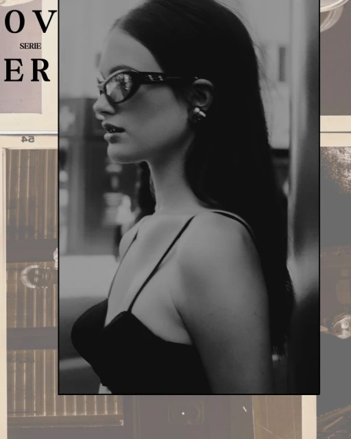 Monochrome portrait of a woman in a black dress and sunglasses looking off-camera with a collage of vintage images.