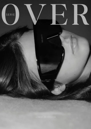 Black and white portrait of a woman wearing large sunglasses, promoting a fashion magazine with the text 'OVER' visible.