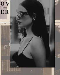 Black and white profile portrait of a woman wearing dark sunglasses and a spaghetti strap top against a graphic border layout.