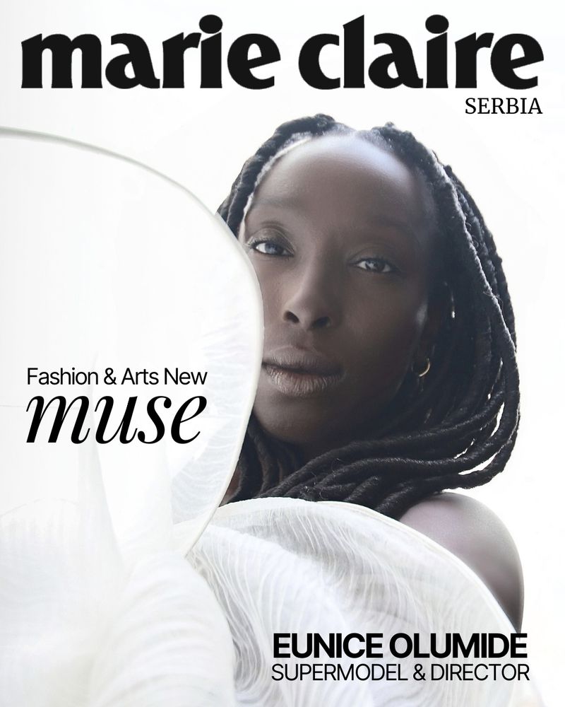 Marie Claire cover featuring Eunice Olumide, supermodel and director, in a fashion and arts editorial with a clean, bright aesthetic.