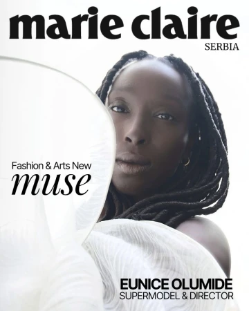 Magazine cover featuring model Eunice Olumide with long dreadlocks wrapped in sheer white fabric against a bright white background.