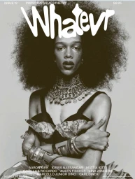 Black-and-white fashion magazine cover featuring a model with voluminous afro hair wearing statement jewellery and stacked cuffs.
