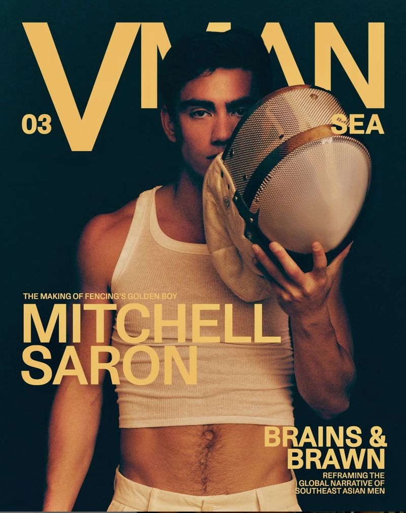 Magazine cover featuring a male model holding a fencing mask. Cover text includes the title 'VAN', model's name, and other headlines.
