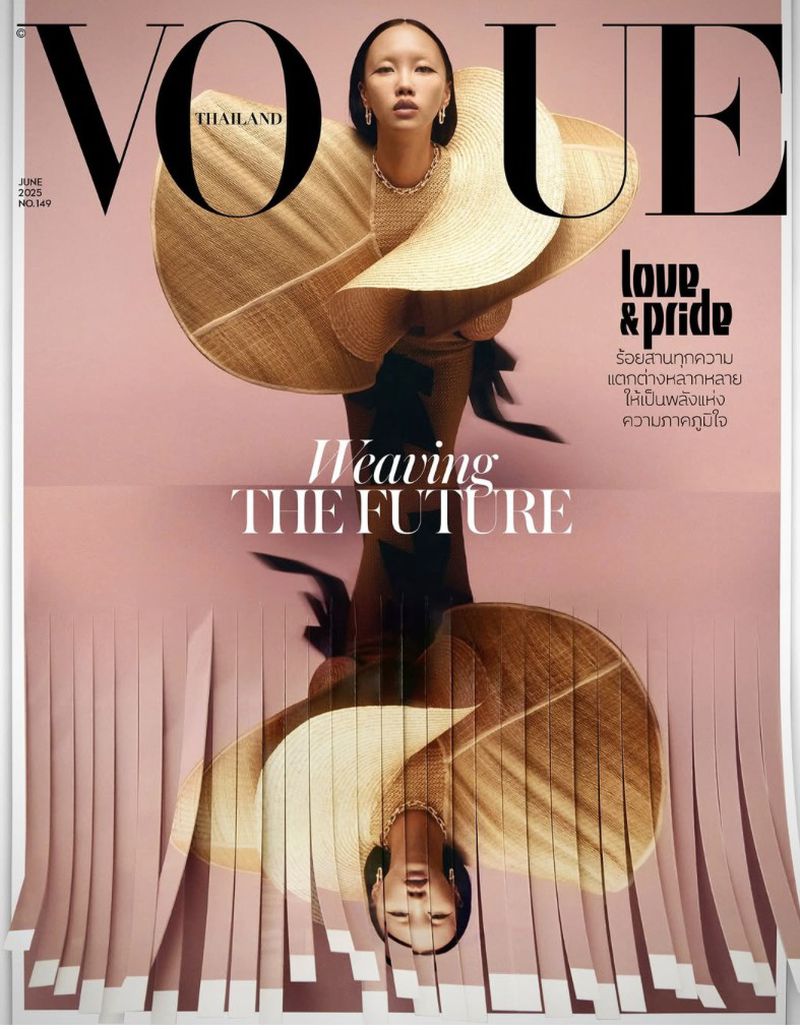 Vogue Thailand cover featuring an Asian woman wearing a straw hat and dress with paper fringe trim in a vertical portrait orientation.