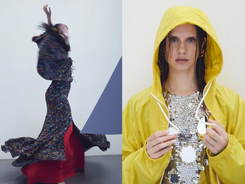 Fashion editorial featuring a woman in a flowing, colorful dress in motion and another woman in a yellow jacket and sequin top.