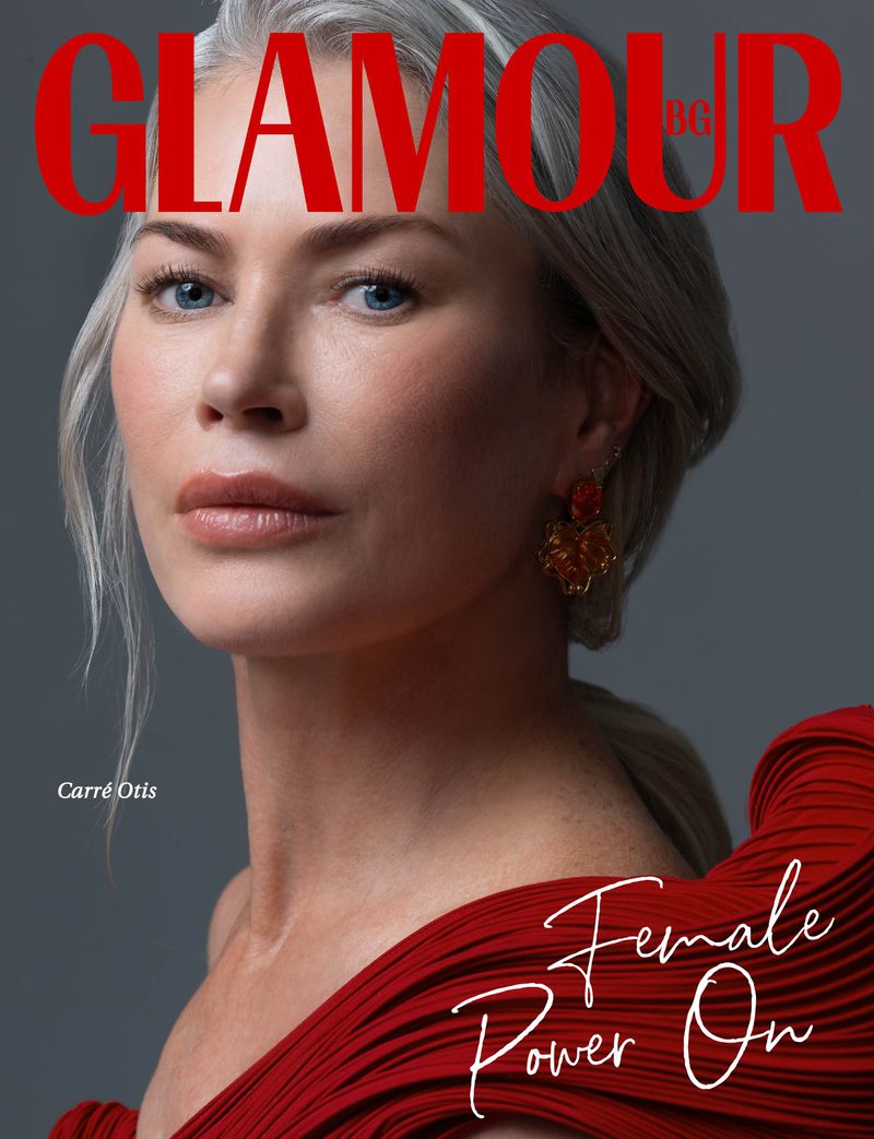 Glamour magazine cover featuring Carre Otis, showcasing a portrait of a mature woman in a red dress against a grey backdrop.