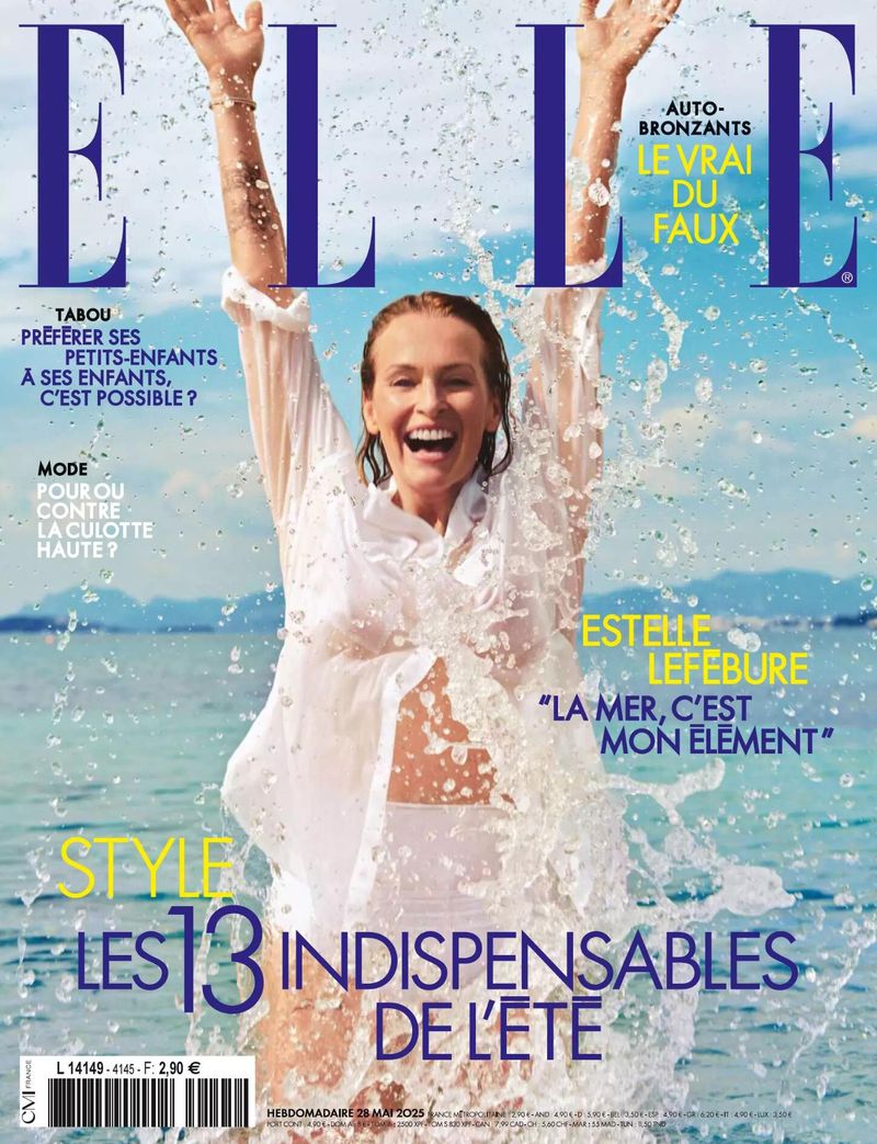 Magazine cover featuring a smiling woman in water. "Elle" logo and fashion-related text elements are visually prominent.