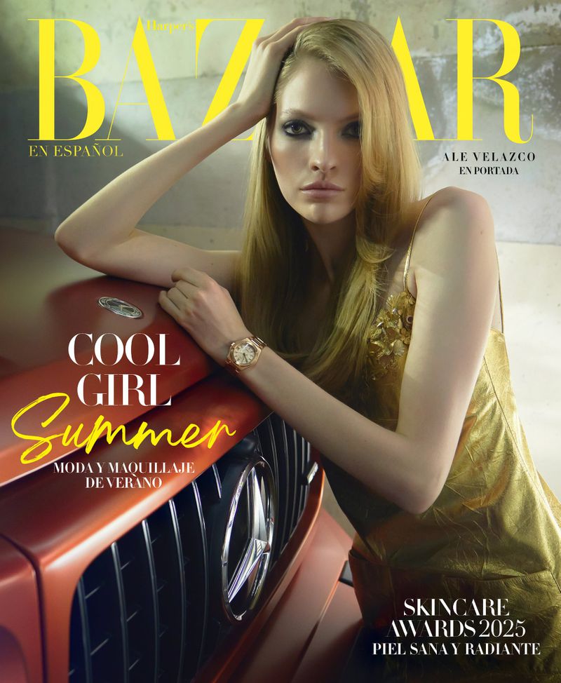Bazaar en Espanol cover featuring a blond woman in a gold dress leaning on a red car, promoting summer fashion and skincare awards.