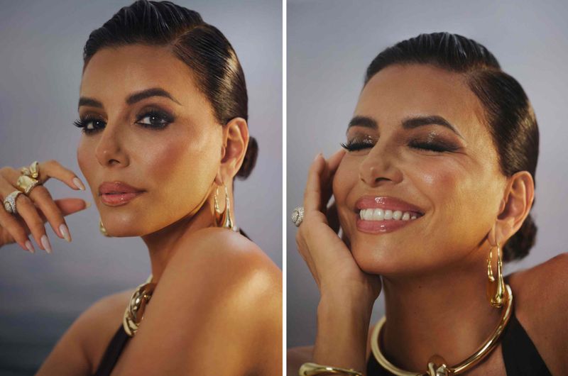 Eva Longoria in a split-screen portrait with slicked-back hair, gold jewelry, and glamourous makeup, smiling with a neutral grey background.