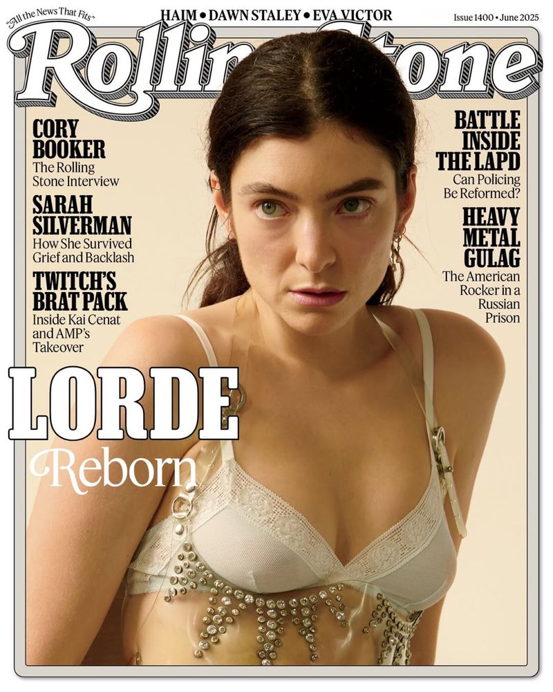 Rolling Stone magazine cover featuring LORDE. June 2025 issue with articles on Cory Booker, Sarah Silverman, Twitch, and the LAPD.