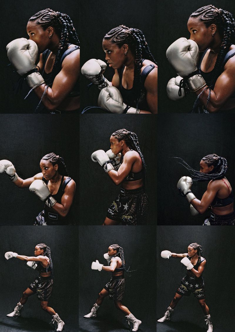 Multiple captures of a muscular, fit woman in sports bra and boxing shorts practicing boxing punches wearing boxing gloves in a studio.
