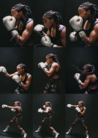 Multiple captures of a muscular, fit woman in sports bra and boxing shorts practicing boxing punches wearing boxing gloves in a studio.