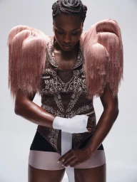 Black woman with braided hair wearing patterned top and pink fringed shoulder pieces wrapping hands