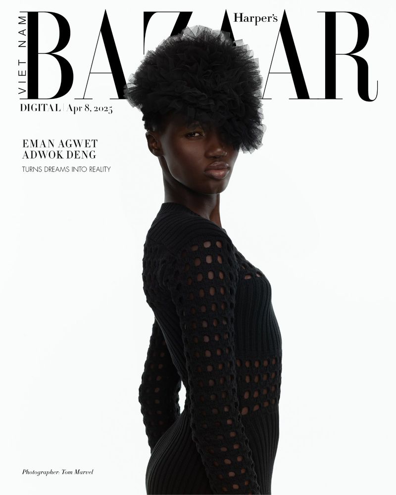 Magazine cover featuring Eman Agwet Adwok Deng in black dress and headpiece against a bright white background, fashion, editorial, beauty.