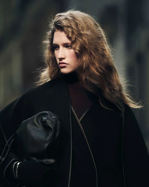 A fair-skinned woman with wavy brown hair wears a dark cape and carries a black leather bag in a fashion shot, set against an urban backdrop.