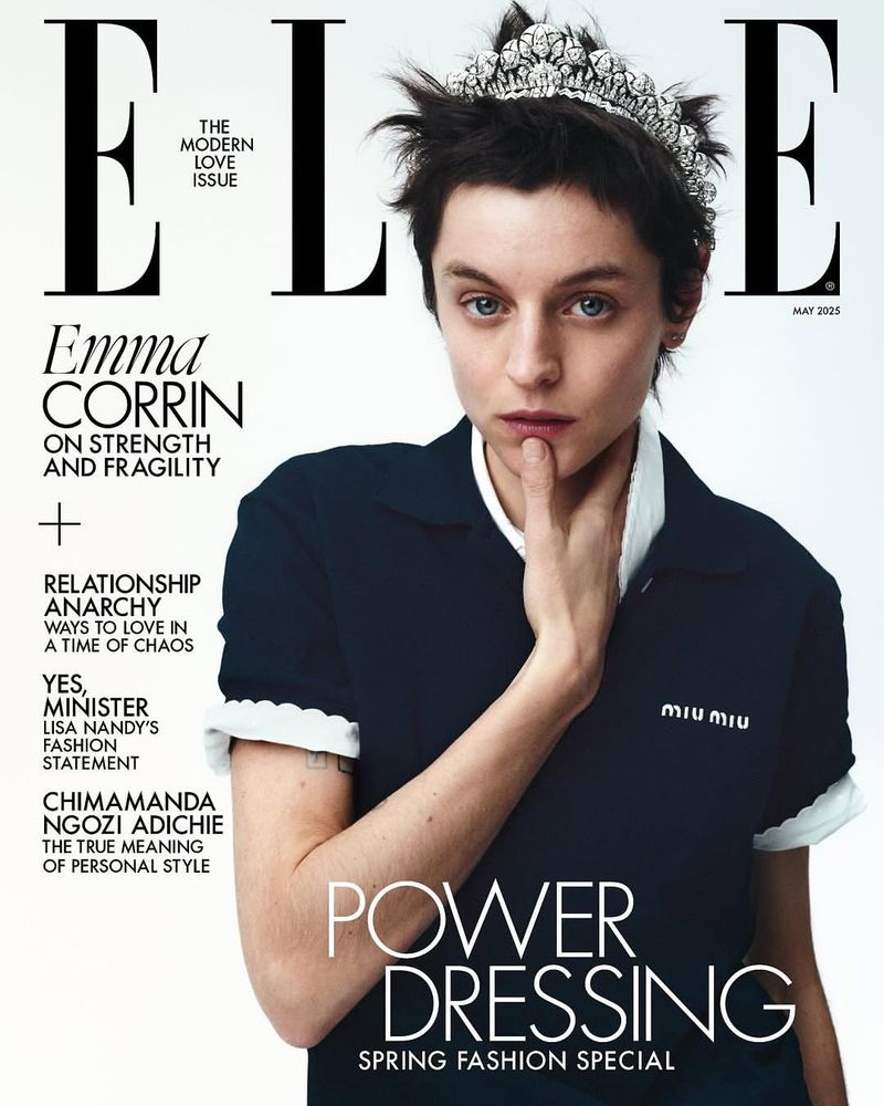 Elle Magazine cover featuring Emma Corrin in a portrait shot, wearing a dark blue polo shirt and a jeweled tiara on a white background.