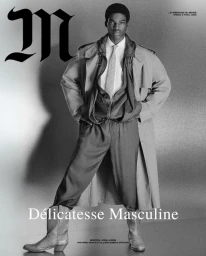 Model wearing trench coat and cowboy boots standing against a neutral studio backdrop with magazine typography overlay