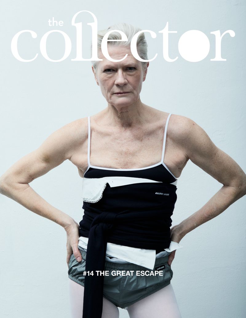Older adult woman in dance attire posing for The Collector magazine cover with a clean background and simple studio lighting.