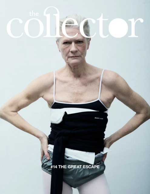 Older adult woman in dance attire posing for The Collector magazine cover with a clean background and simple studio lighting.