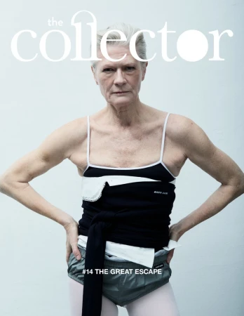 Older adult woman in dance attire posing for The Collector magazine cover with a clean background and simple studio lighting.
