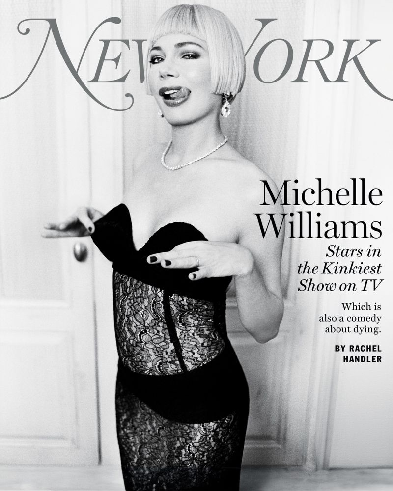 Black and white magazine cover featuring Michelle Williams in black dress, tongue out, jewelry, and bob haircut. New York magazine.