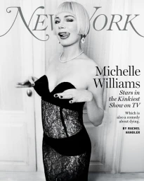Black and white portrait of Michelle Williams with a short blonde bob wearing a black lace bustier dress for New York Magazine.