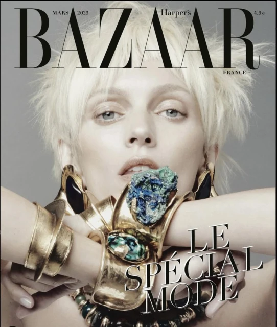Bazaar France cover featuring a blonde woman with gold bracelets and statement earrings, set against a neutral background with magazine text.