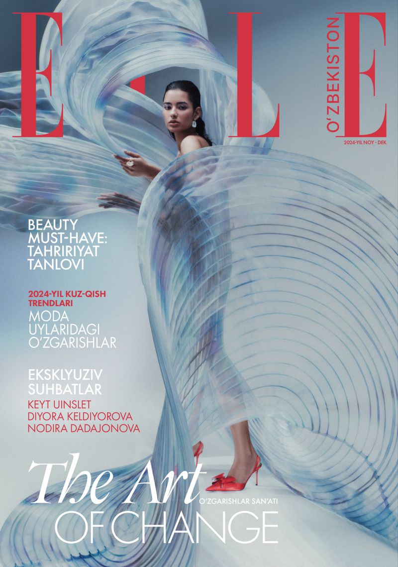Elle Uzbekistan magazine cover featuring a model in a sheer, flowing garment and red heels, against a light background. Fashion editorial.