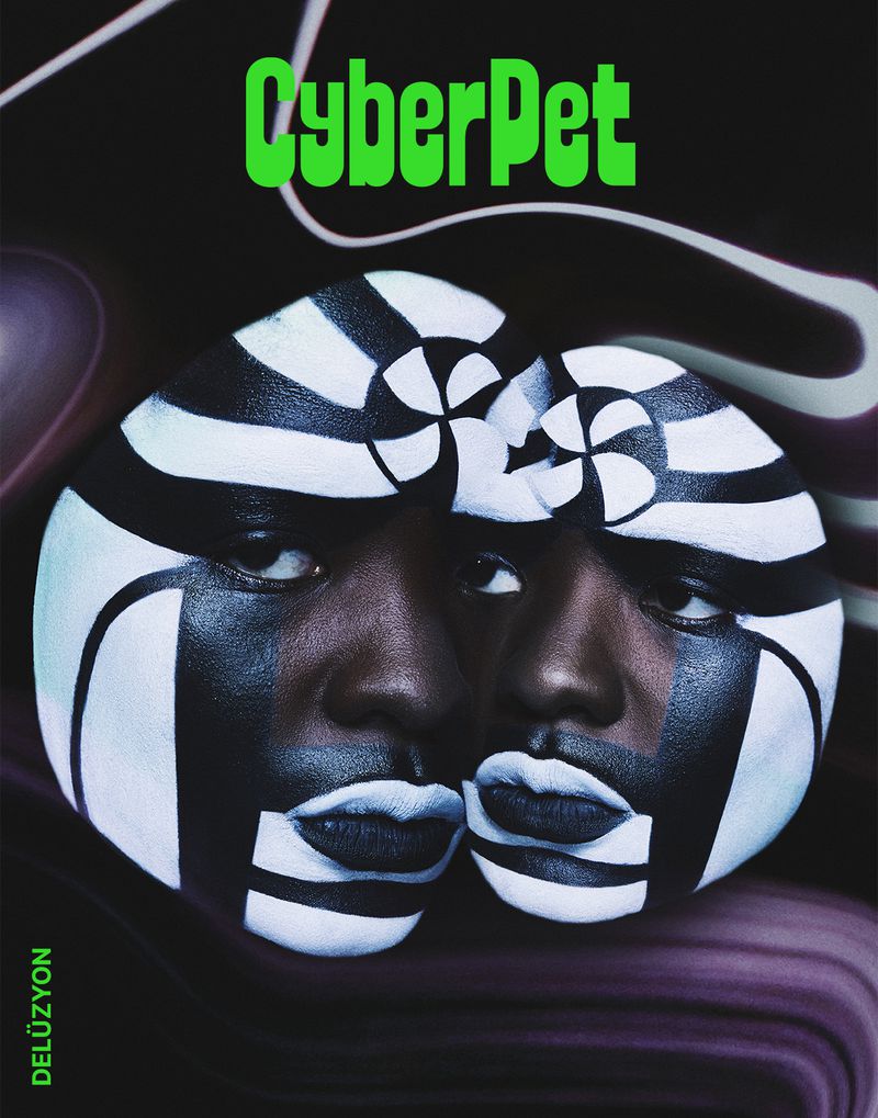 Two black adults are facing each other with a patterned face paint in white and black, digital art with “CyberPet” text, studio shot.