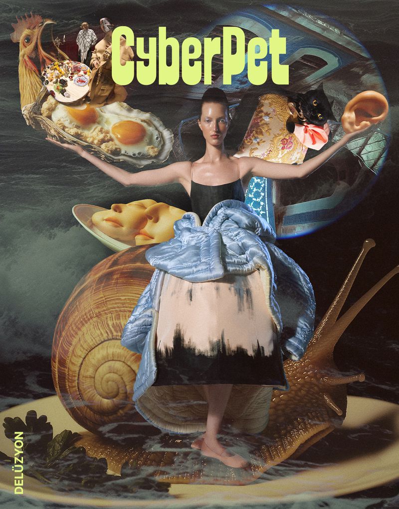 Conceptual collage featuring a person in a dress with various objects like food, snails, and ears against a stormy background.