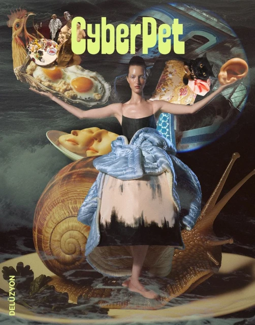 Conceptual collage featuring a person in a dress with various objects like food, snails, and ears against a stormy background.