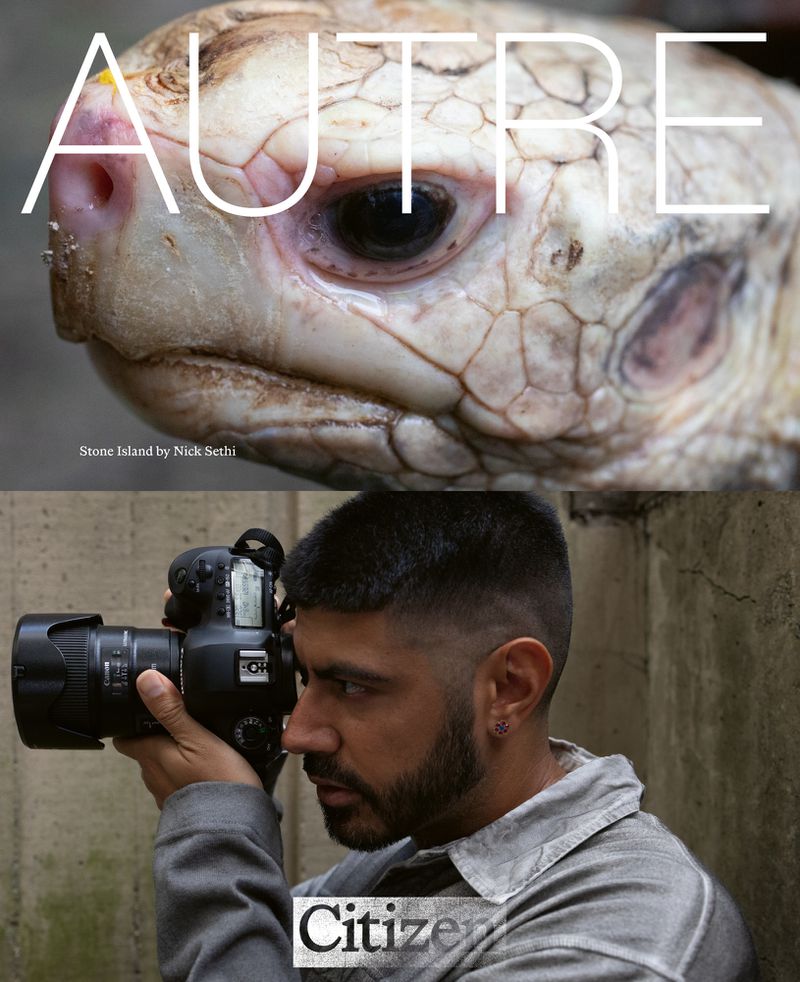 Close-up of a turtle's head juxtaposed with a photographer holding a camera, creating a striking diptych on a concrete background.